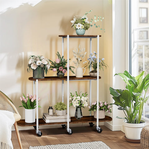 FIN Vintage Plant Holder 3 Tiers Storage Shelf Unit with Lockable Casters Garden