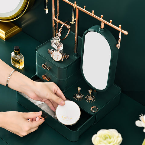 Elegant Green Jewelry Organizer with Mirror - Multi-Layer Storage & Display Stand (25x15x37.5cm)