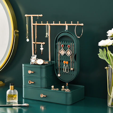Elegant Cream Color Jewelry Organizer with Mirror - Multi-Layer Storage & Display Stand (25x15x37.5cm)