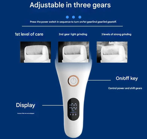 White Professional Electric Foot Callus Remover - Rechargeable Pedicure Tool with 3 Adjustable Speeds, Smart LED Display, and 3 Replaceable Grinding Heads for Smooth Feet