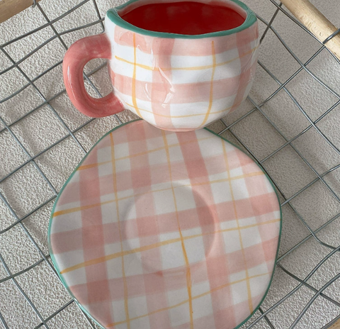 Colorful Polka Dots 300ML Underglaze Hand-Pinched Cup and Saucer Set - Ceramic Coffee Mug Milk Cup Breakfast Set
