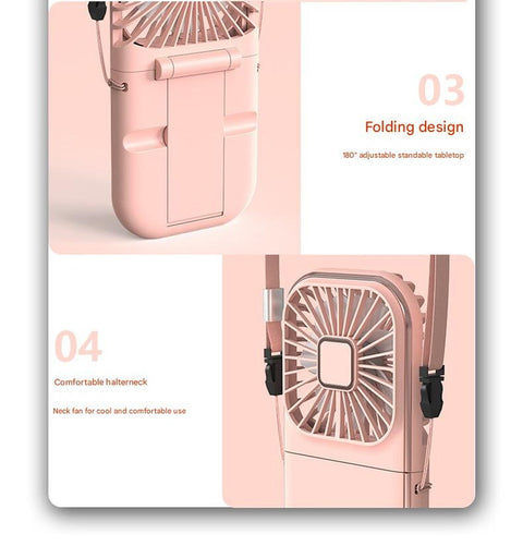 Black and white color Portable Handheld Fan with Neck Strap & Phone Stand