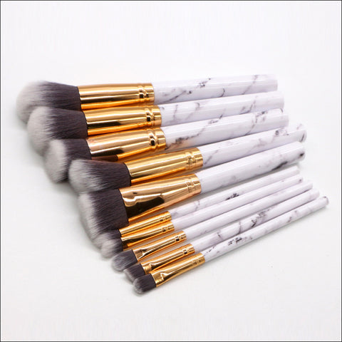 (Bag + Brush) White Marble Makeup Brush Collection - 10 brushes for face, eyes and lips