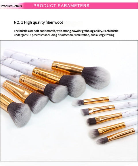(Bag + Brush) White Marble Makeup Brush Collection - 10 brushes for face, eyes and lips