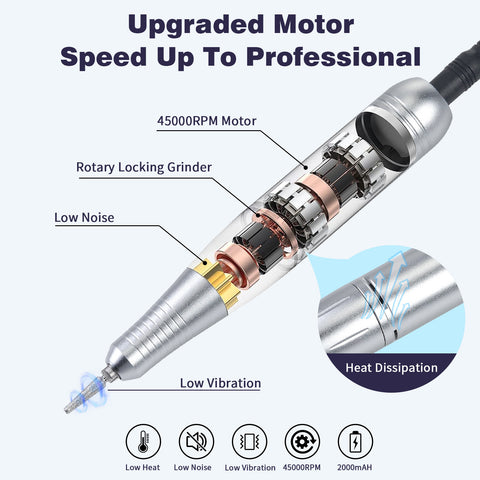 Purple Professional 45000RPM Rechargeable Nail Drill - Portable Electric Nail File for Manicure & Pedicure