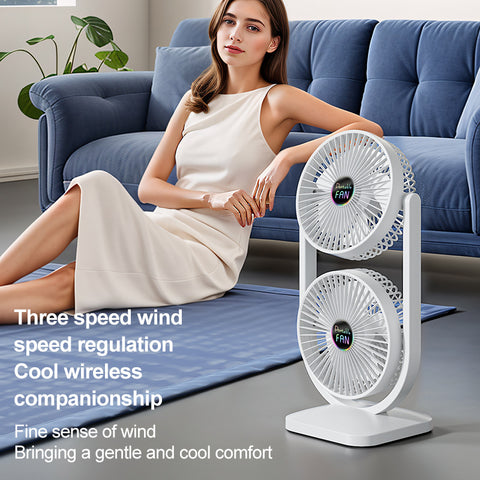 White Dual Head USB Rechargeable Desk Fan - Portable Double Air Circulator
