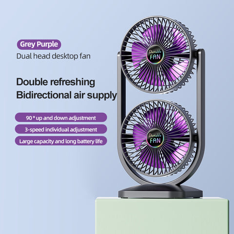Purple Dual Head USB Rechargeable Desk Fan - Portable Double Air Circulator
