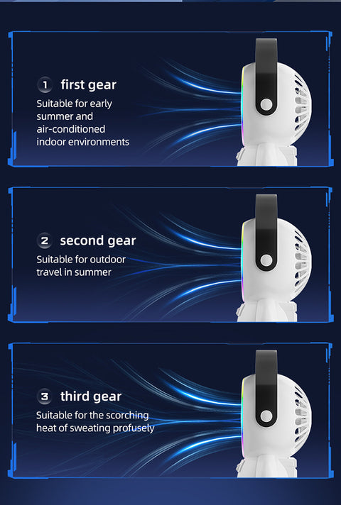 White Astronaut Portable Fan - USB Rechargeable Desk Fan with RGB Night Light