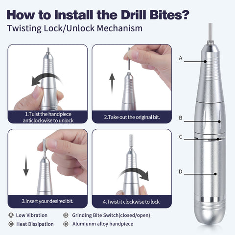 White High Speed Portable Nail Drill Set - Electric Nail File Set with 6 Nail Drill Bits