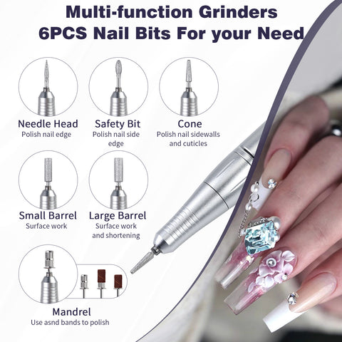 White High Speed Portable Nail Drill Set - Electric Nail File Set with 6 Nail Drill Bits