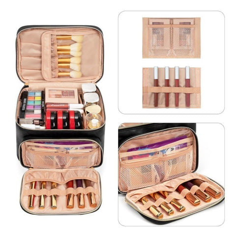 Black Portable Travel Makeup Bag with Brush Compartment - Stylish PU Leather Cosmetic Organizer for Skincare and Toiletry Storage