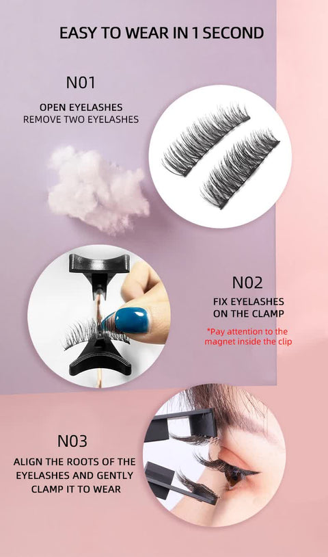 Style 1 Black Magnetic False Eyelashes Kit - 3 Pairs with Applicator Clip and Mirror Case