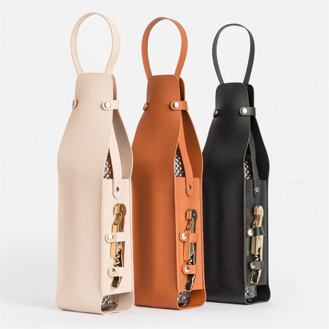 Beige Leather-Look Single Wine Bottle Carrier Bag with Handle and Side Pocket for Opener(Red wine and bottle opener are props for shooting and are not included)
