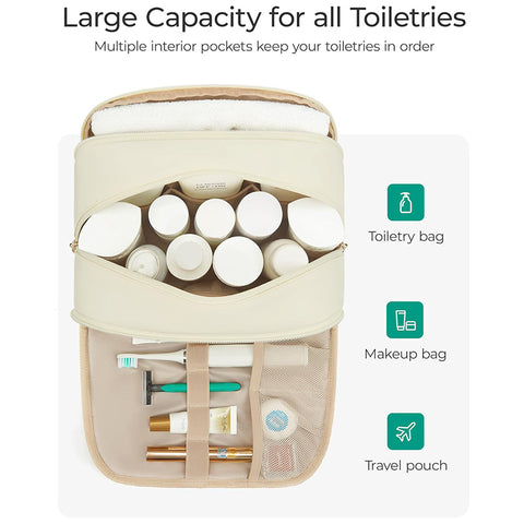 Beige Large Capacity Travel Toiletry Bag with Wide Opening - Puffy Nylon Makeup Organizer with Waterproof PVC Layer