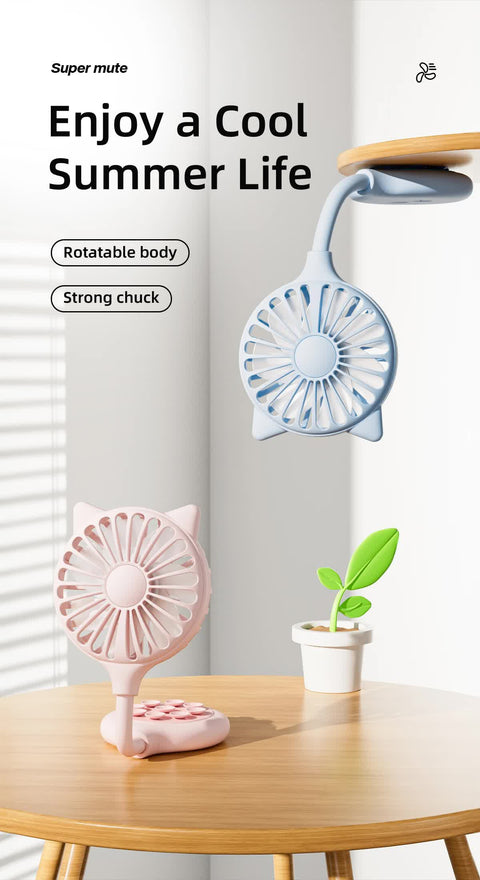 2 Pcs Blue Portable USB Mini Fan with Suction Cup - 360-Degree Adjustable Foldable Desktop Fan with 3 Speed Settings