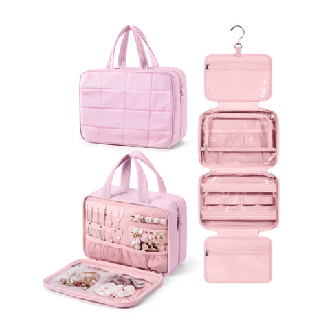 Size M Beige Quilted Hanging Toiletry Bag with Jewelry Organizer - Travel Cosmetic Case(28*12*20)