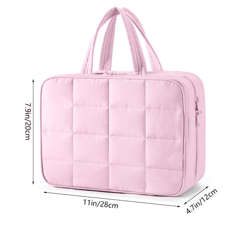 Size M Beige Quilted Hanging Toiletry Bag with Jewelry Organizer - Travel Cosmetic Case(28*12*20)