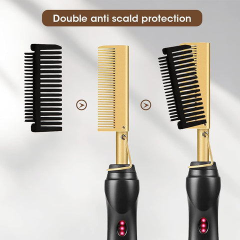 Black Electric Hot Comb Hair Straightener - Fast Heating Styling Tool with 3 Temp Settings & Anti-Scald Guard