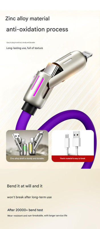 Universal PD Fast Charging Cable with LED Indicator - Zinc Alloy, Durable 1.5m Silicone Cord - Multiple Connector Options(Black)