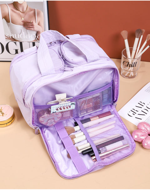 Portable Multi-Compartment Travel Toiletry & Makeup Organizer Bag with Brush Holders(Black)