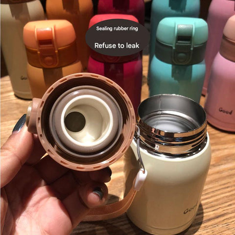 Good Luck" Mini Stainless Steel Thermos Flask - 350ml Leakproof Insulated Bottle with Pop-Up Lid & Strap(white)"