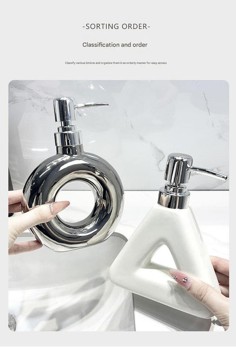 Modern Ceramic Soap & Lotion Dispenser - Unique Geometric Designs, 300ml Capacity(Triangular lotion bottle, silver)