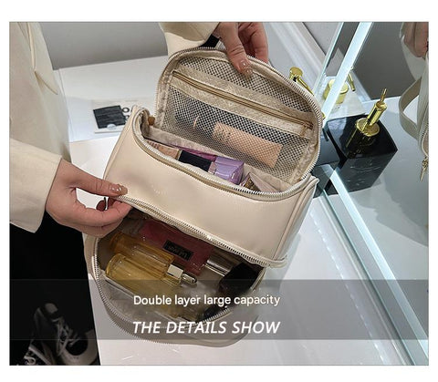 Black Large Capacity Double Layer PU Leather Makeup Bag - Portable Travel Cosmetic Organizer Case