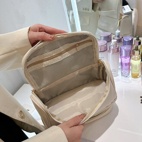 Beige Large Capacity Double Layer PU Leather Makeup Bag - Portable Travel Cosmetic Organizer Case