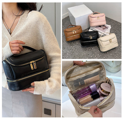 Brown Large Capacity Double Layer PU Leather Makeup Bag - Portable Travel Cosmetic Organizer Case