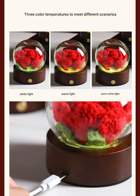 Orange Rose Handcrafted Crochet Flower LED Night Light - USB Rechargeable Glass Dome Lamp with Wood Base, 3 Color Modes