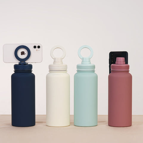 Matcha Green 1L Stainless Steel Water Bottle with Magnetic Phone Holder Lid - Portable Hydration & Hands-Free Stand