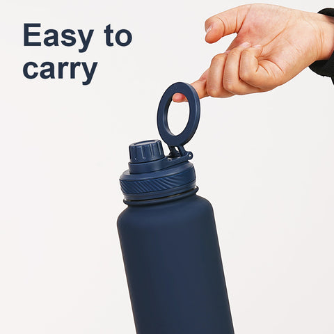 Black 1L Stainless Steel Water Bottle with Magnetic Phone Holder Lid - Portable Hydration & Hands-Free Stand