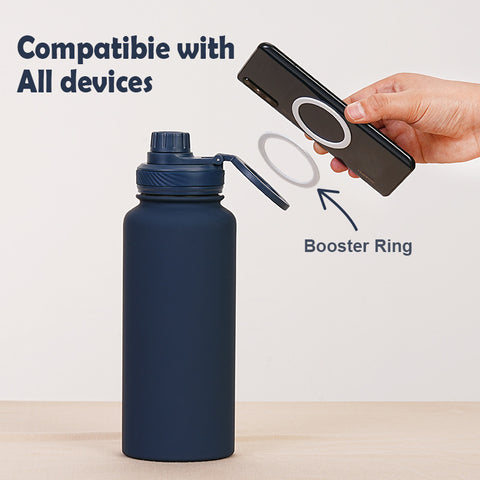 Silver and Black 1L Stainless Steel Water Bottle with Magnetic Phone Holder Lid - Portable Hydration & Hands-Free Stand