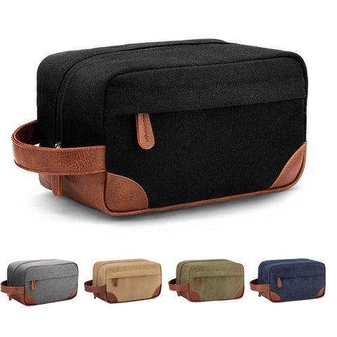Dark Blue And Brown Men's Canvas Toiletry Bag - Large Capacity Water-Resistant Travel Organizer Dopp Kit with Handle