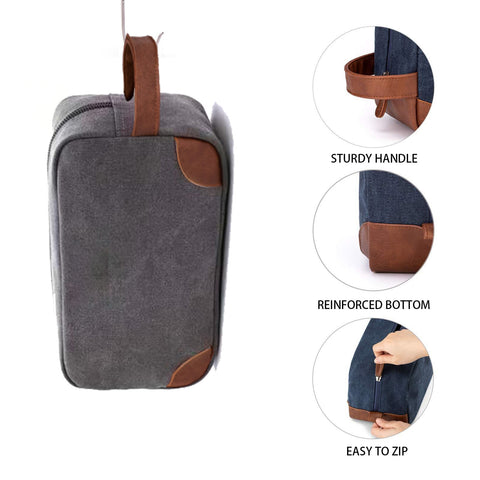 Dark Blue And Brown Men's Canvas Toiletry Bag - Large Capacity Water-Resistant Travel Organizer Dopp Kit with Handle