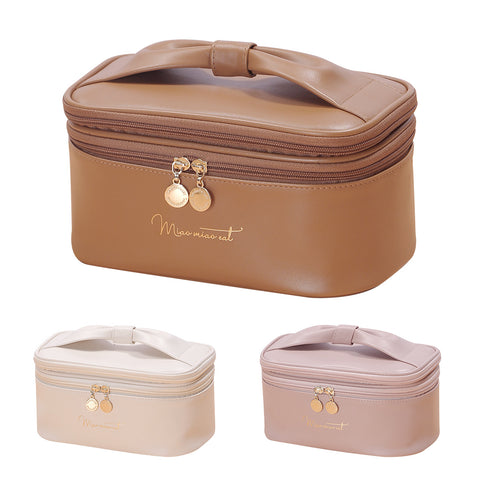 Brown Stylish PU Leather Makeup Bag - Large Capacity Double Layer Waterproof Travel Cosmetic Organizer Case for Women