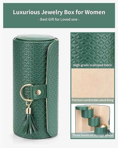 Beige and Pink Elegant 3-Tier Cylindrical Travel Jewellery Box - PU Leather Organizer for Rings Earrings Necklaces with Tassel Charm