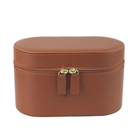 Brown Elegant PU Leather Makeup & Toiletry Bag - Large Capacity Travel Cosmetic Organizer with Brush Holder