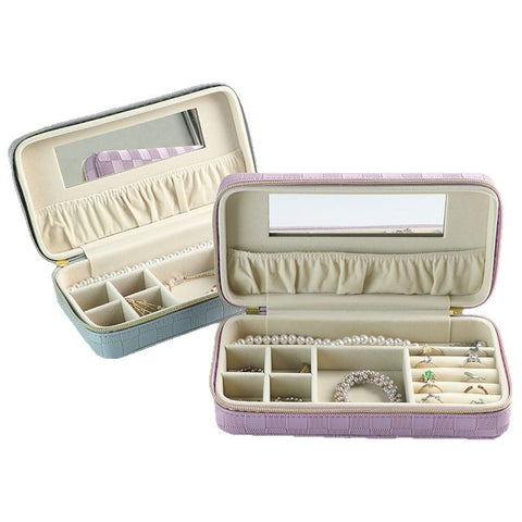 Pink Stylish PU Leather Travel Jewellery Box - Compact Organizer for Rings, Earrings, Necklaces with Mirror