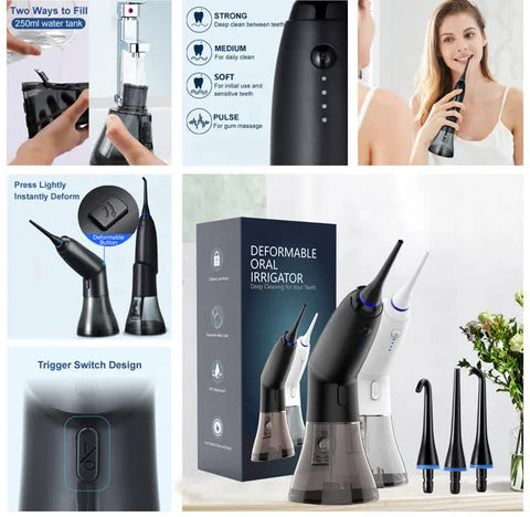 White Advanced Portable Water Flosser - Rechargeable Oral Irrigator, IPX7 Waterproof, 4 Cleaning Modes for Deep Dental Care