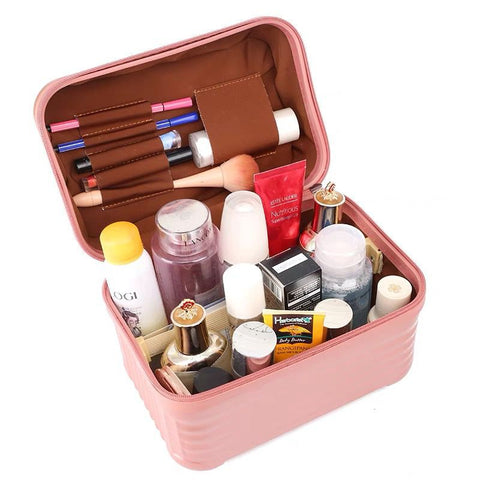 Black Durable Hard Shell Makeup Travel Case - Large Capacity Portable Cosmetic Organizer Box with Handle