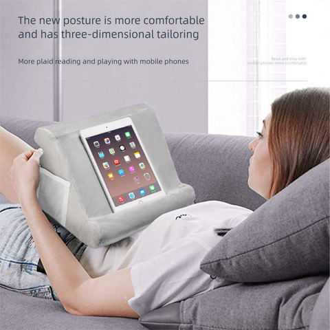 Grey Soft Multi-Angle Tablet Pillow Stand - Comfy Reading & Viewing Holder for iPads, Books, eReaders