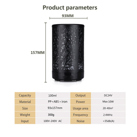 Coffee and Black Forest Design Iron Essential Oil Diffuser - 7 Color LED Ultrasonic Cool Mist Humidifier 100ml