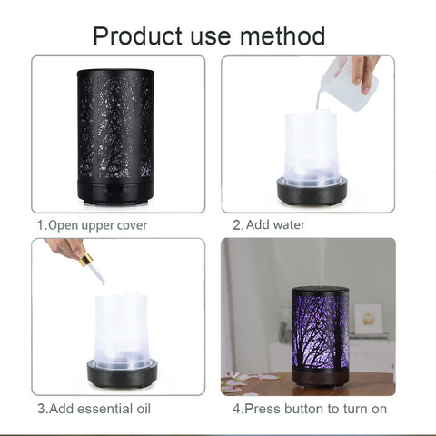 Coffee and Black Forest Design Iron Essential Oil Diffuser - 7 Color LED Ultrasonic Cool Mist Humidifier 100ml