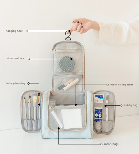 Light Blue Large Capacity Hanging Travel Toiletry Bag - Portable Waterproof Organizer for Cosmetics, Makeup & Toiletries with Multiple Compartments