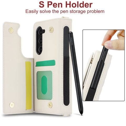 Galaxy Z Fold5 Multi-Functional Leather Wallet Case for Samsung Z Fold Series - Crossbody with Pen Slot, Quilted Design Pen Not Included