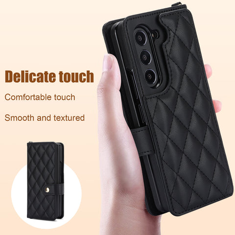 Brown Galaxy Z Fold3 Multi-Functional Leather Wallet Case for Samsung Z Fold Series - Crossbody with Pen Slot, Quilted Design Pen Not Included