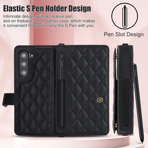 Brown Galaxy Z Fold5 Multi-Functional Leather Wallet Case for Samsung Z Fold Series - Crossbody with Pen Slot, Quilted Design Pen Not Included