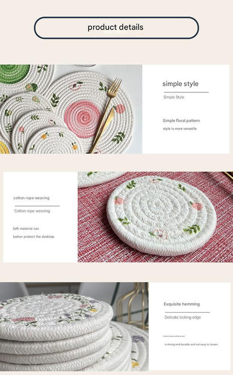 (Flowers) Cotton Rope Woven Placemats - Set of 3, 30cm Diameter Heat Resistant Kitchen Decor