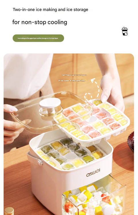 Blue Innovative Press-Release Ice Cube Maker - Dual Layer Trays & Storage Bin (48 Cubes)